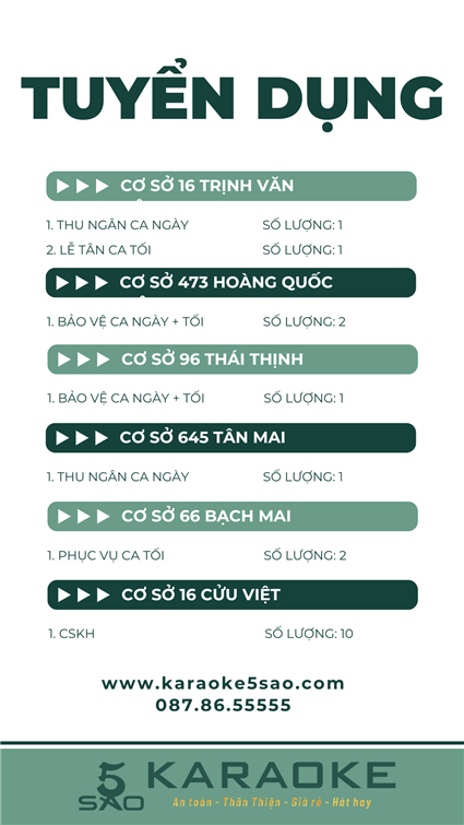 5 SAO KARAOKE TUYỂN DỤNG THÁNG 6